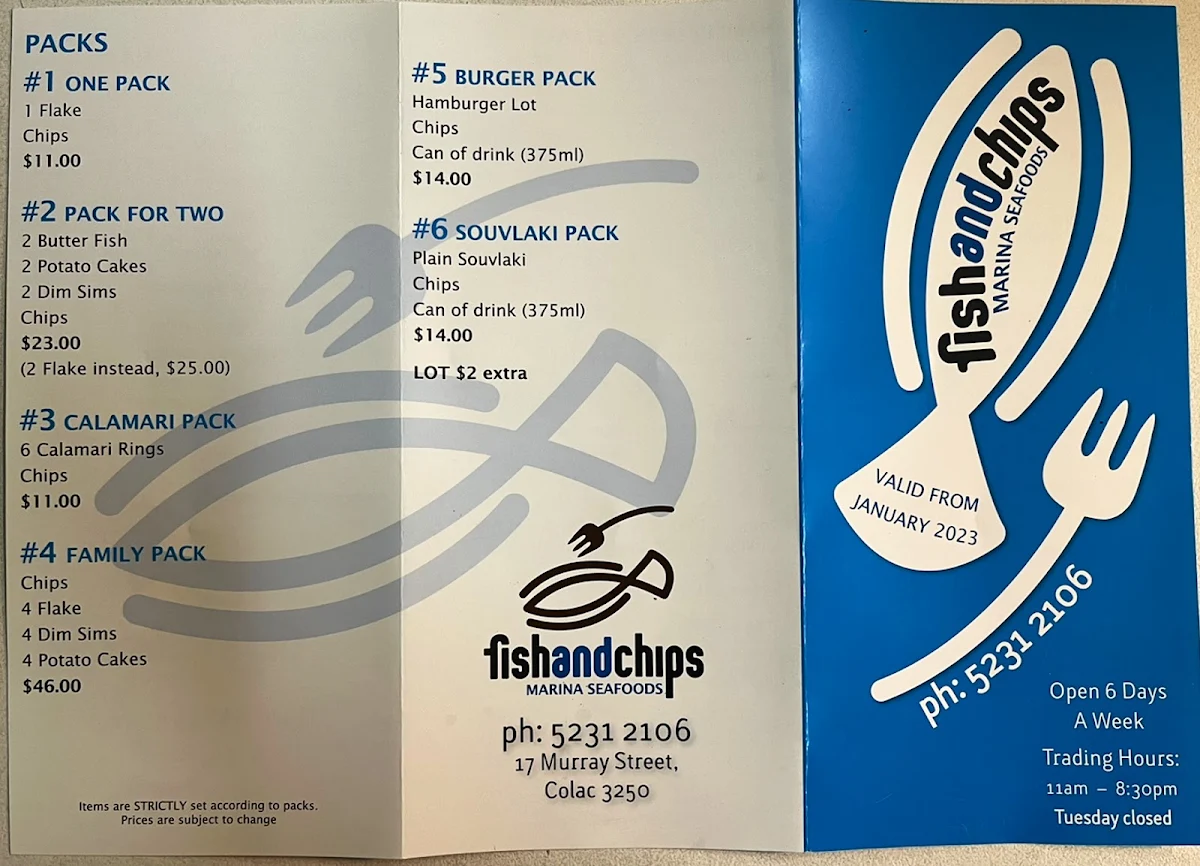 Menu, Marina Seafood