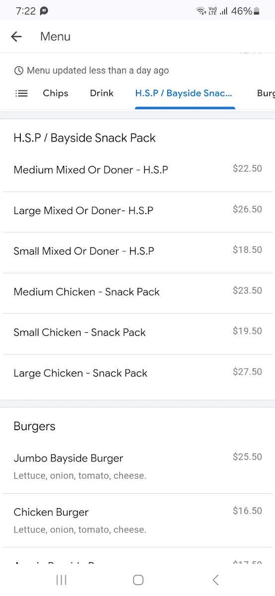 Menu, Bayside Kebab