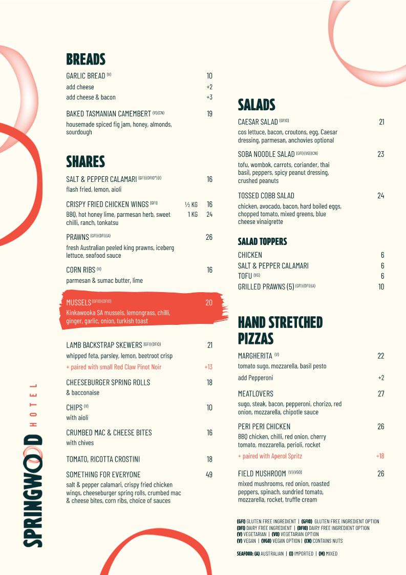 Menu, Springwood Hotel