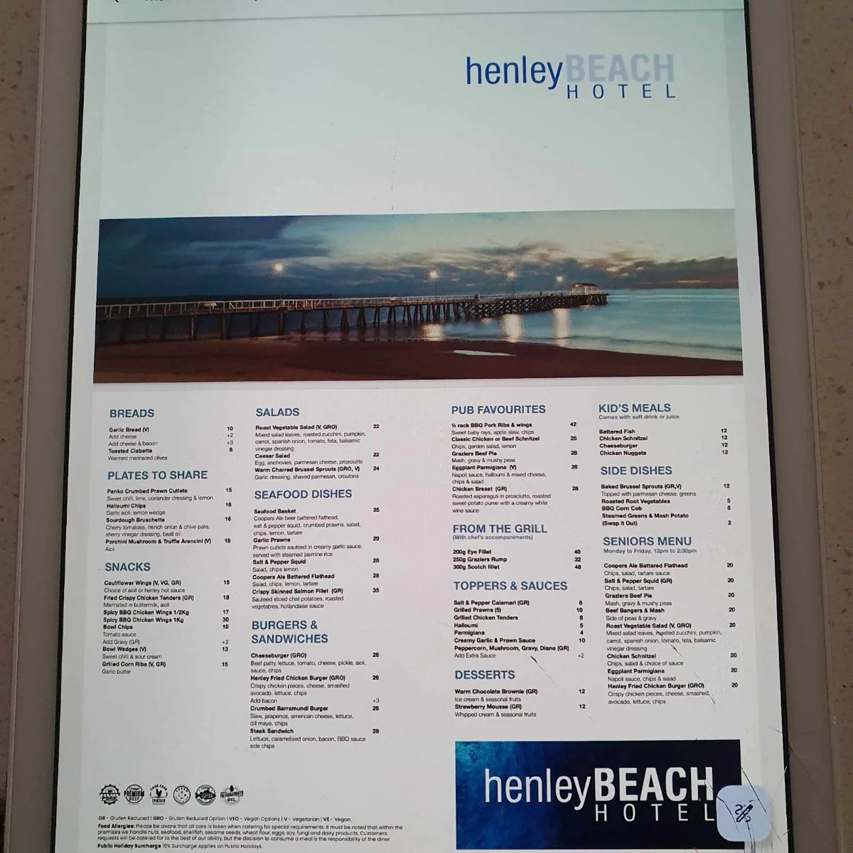 Menu, Henley Beach Hotel