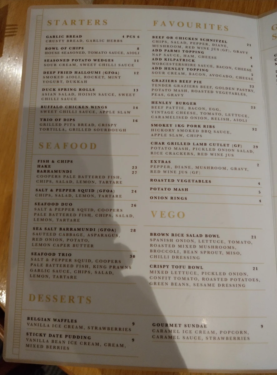 Menu, Henley Beach Hotel