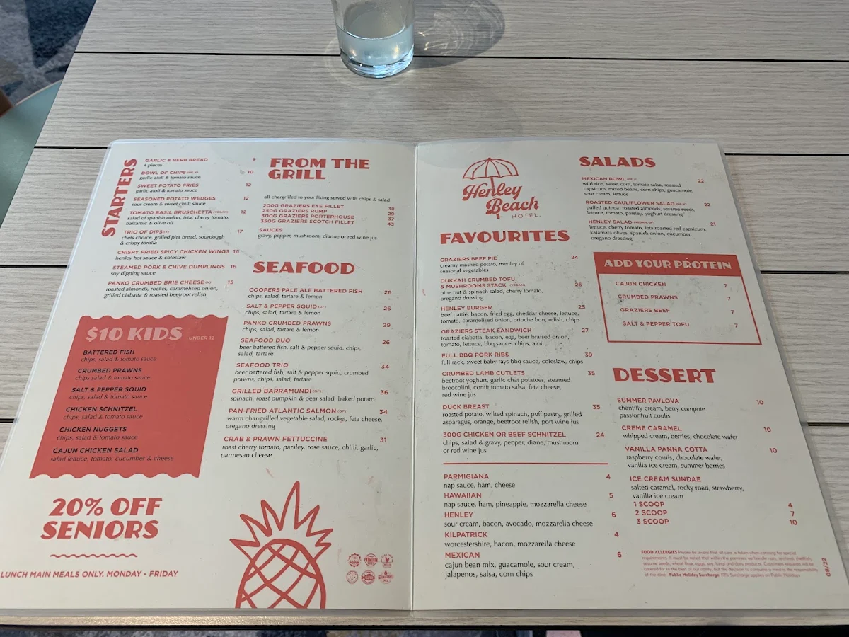 Menu, Henley Beach Hotel