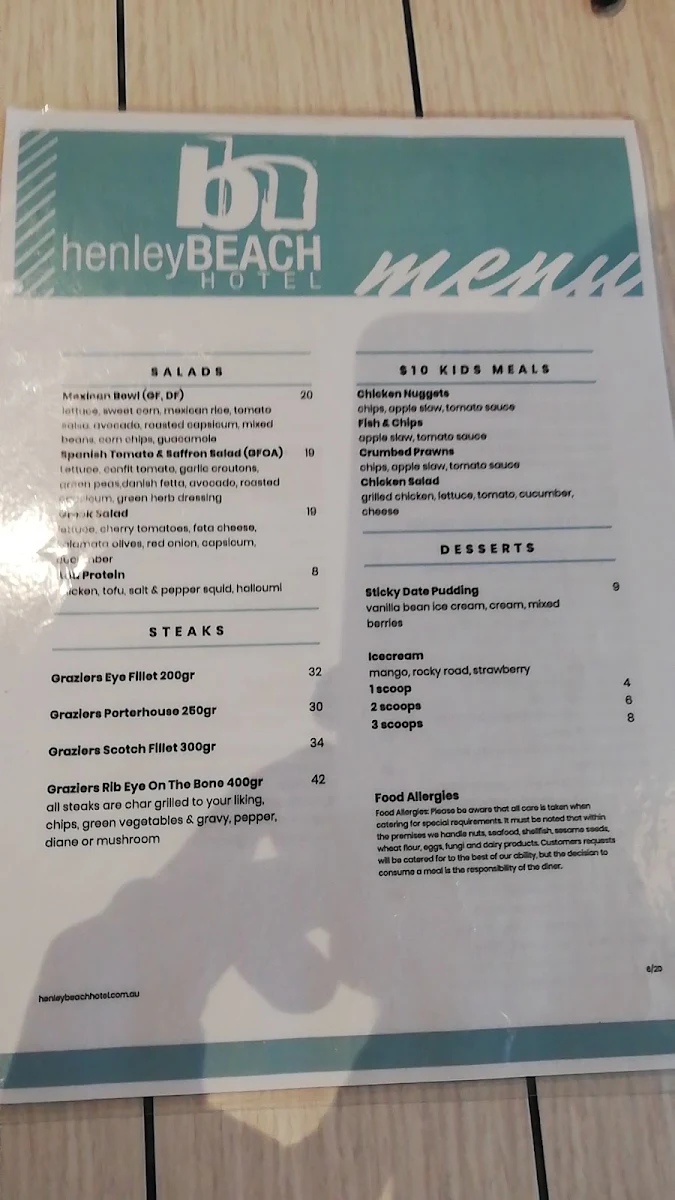 Menu, Henley Beach Hotel