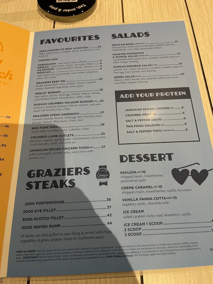 Menu, Henley Beach Hotel