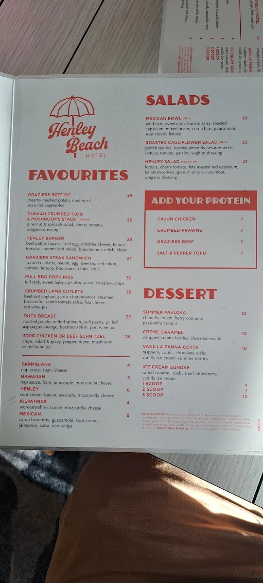 Menu, Henley Beach Hotel