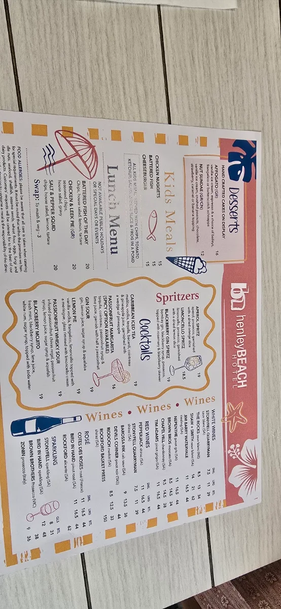 Menu, Henley Beach Hotel