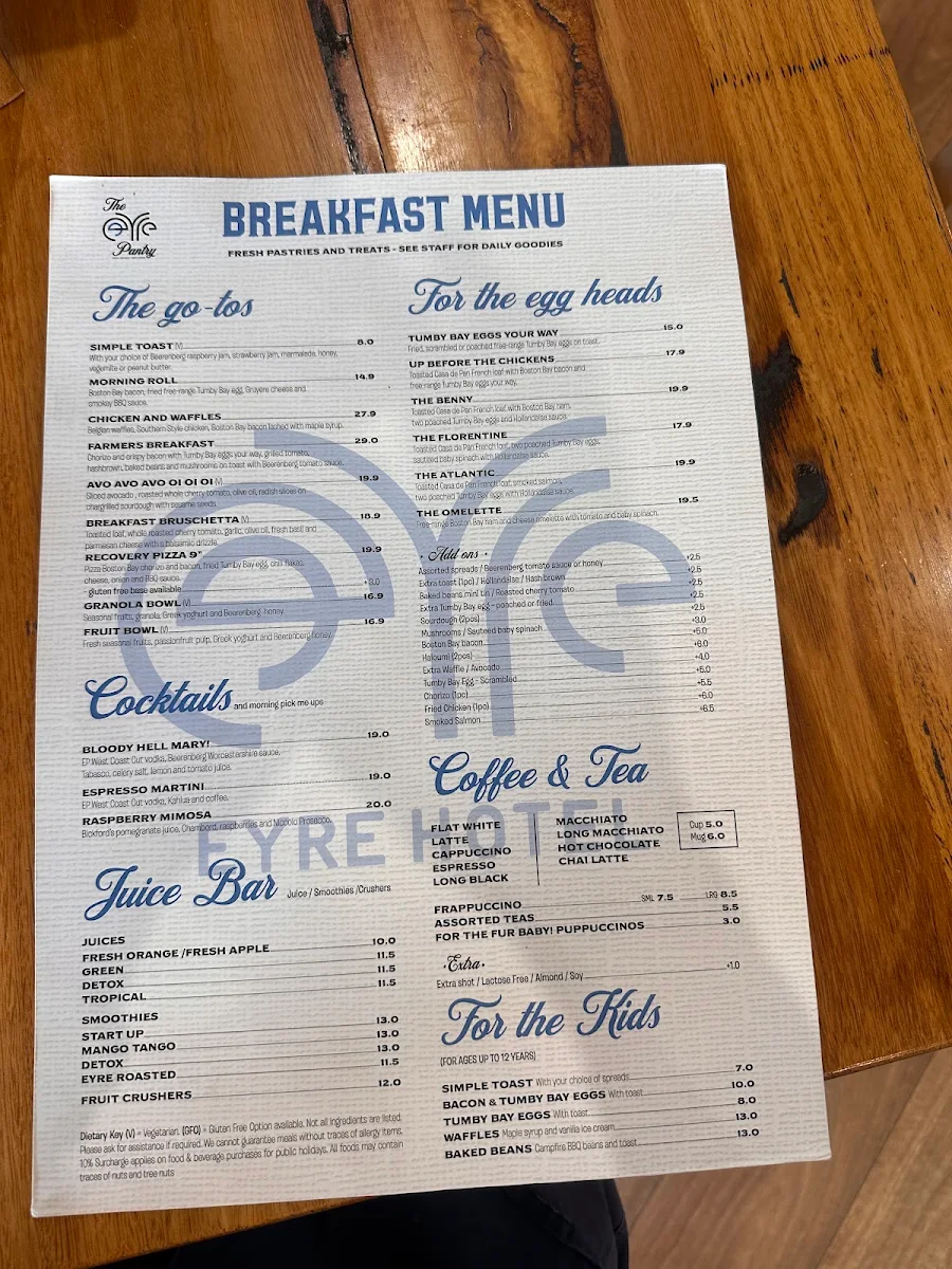 Menu, Eyre Pantry