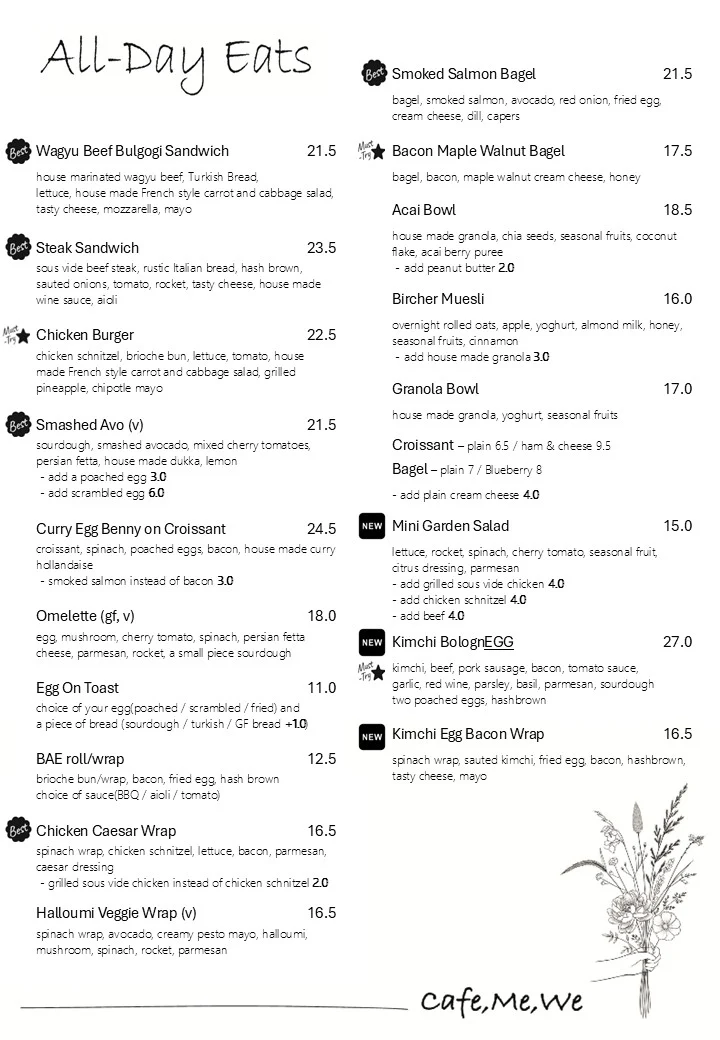 Menu, Cafe Me We
