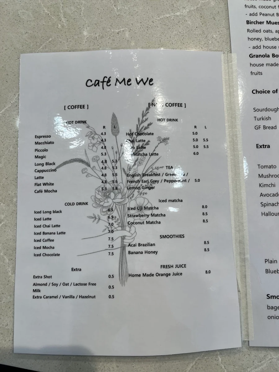 Menu, Cafe Me We