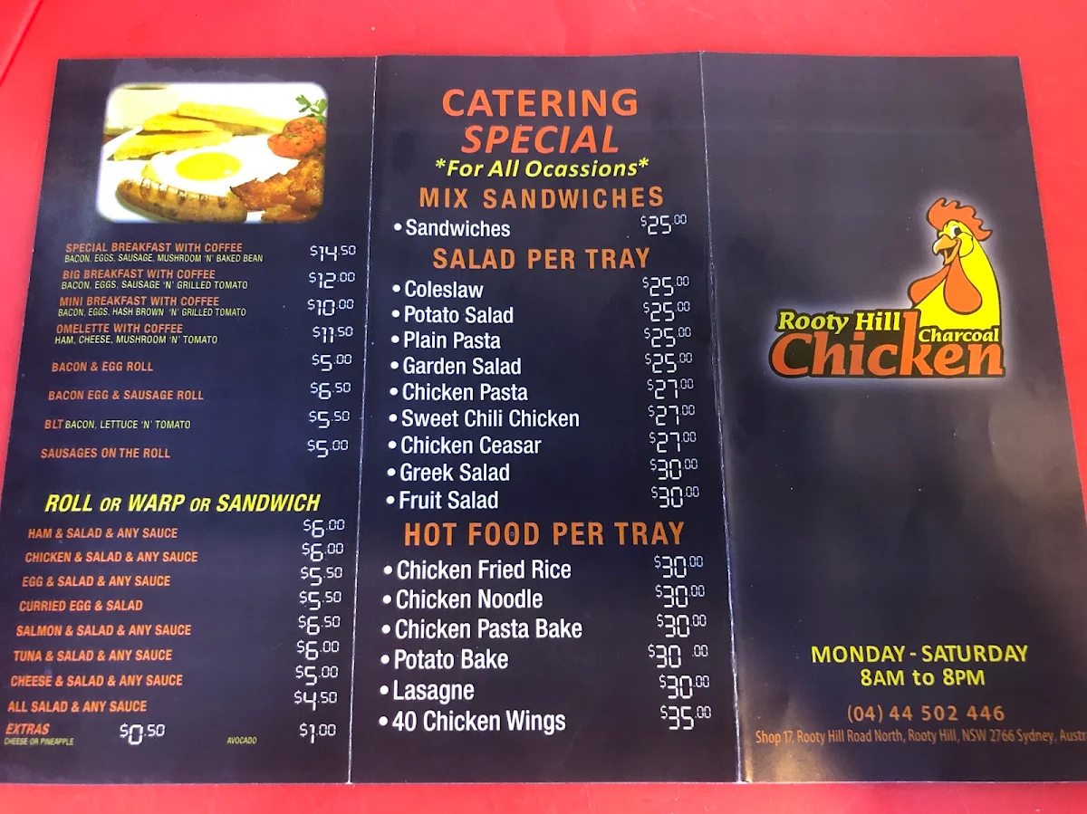 Menu, Rooty Hill Charcoal Chicken