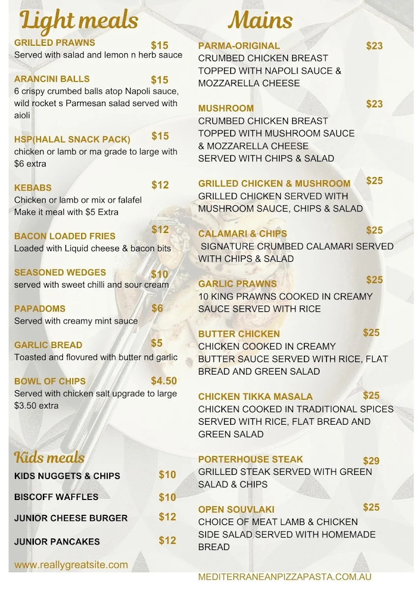 Menu, Mediterranean Pizza & Pasta Restaurant