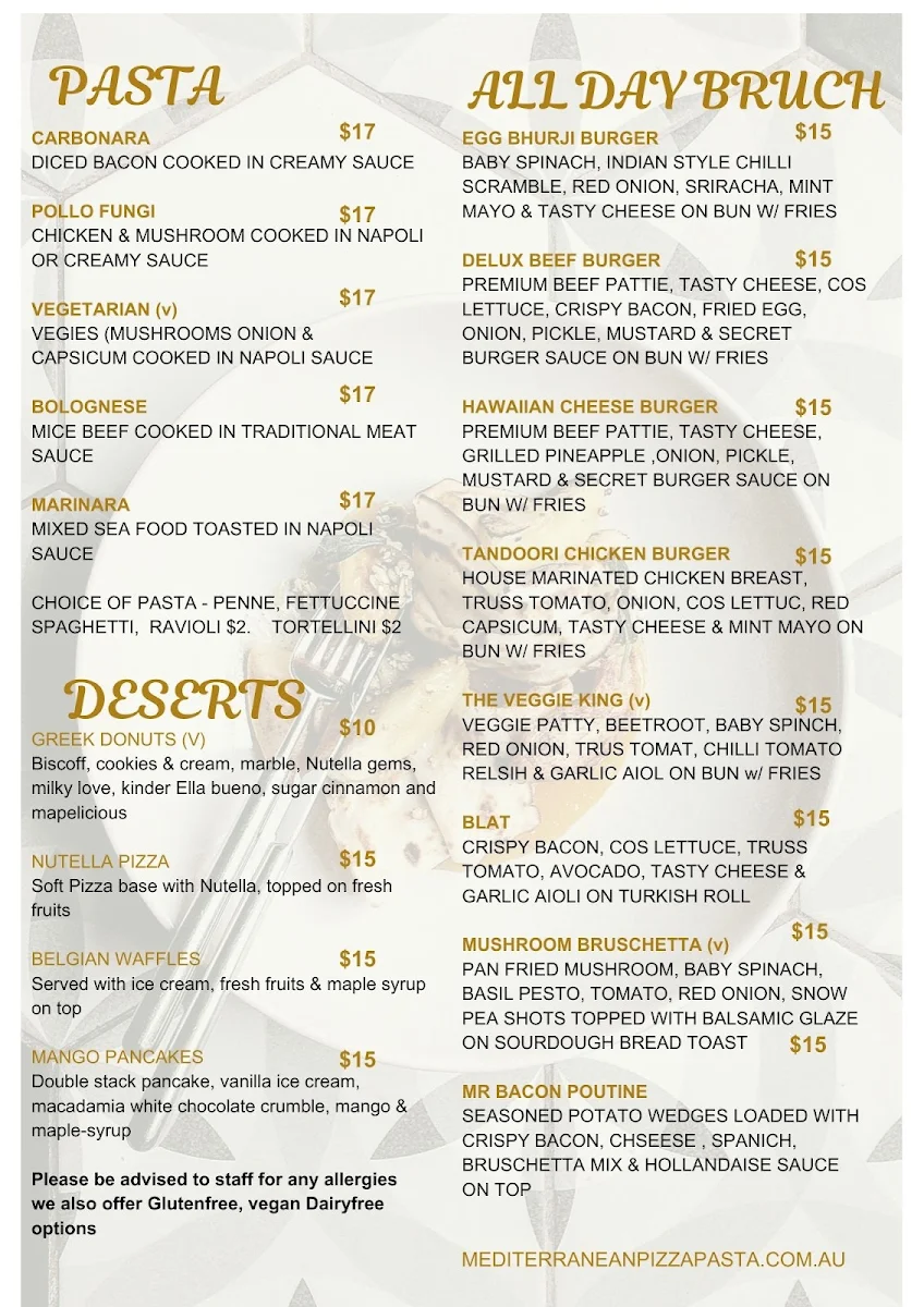 Menu, Mediterranean Pizza & Pasta Restaurant
