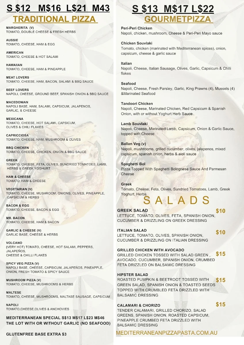 Menu, Mediterranean Pizza & Pasta Restaurant