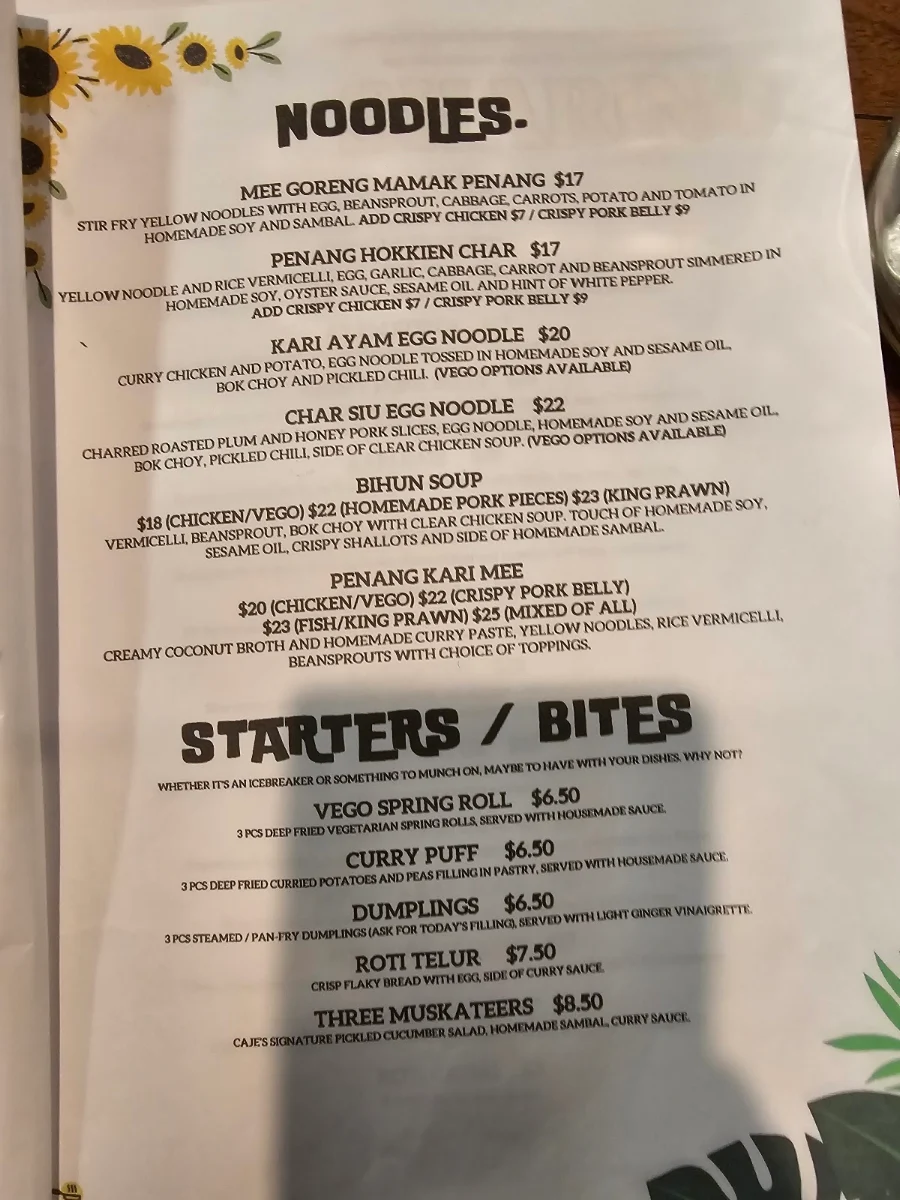 Menu, CAJE Kitchen