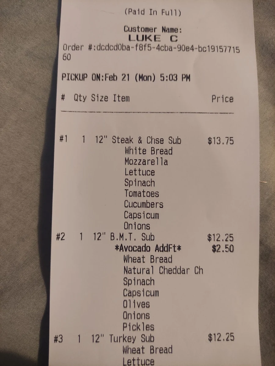 Menu, Subway (Wanneroo)