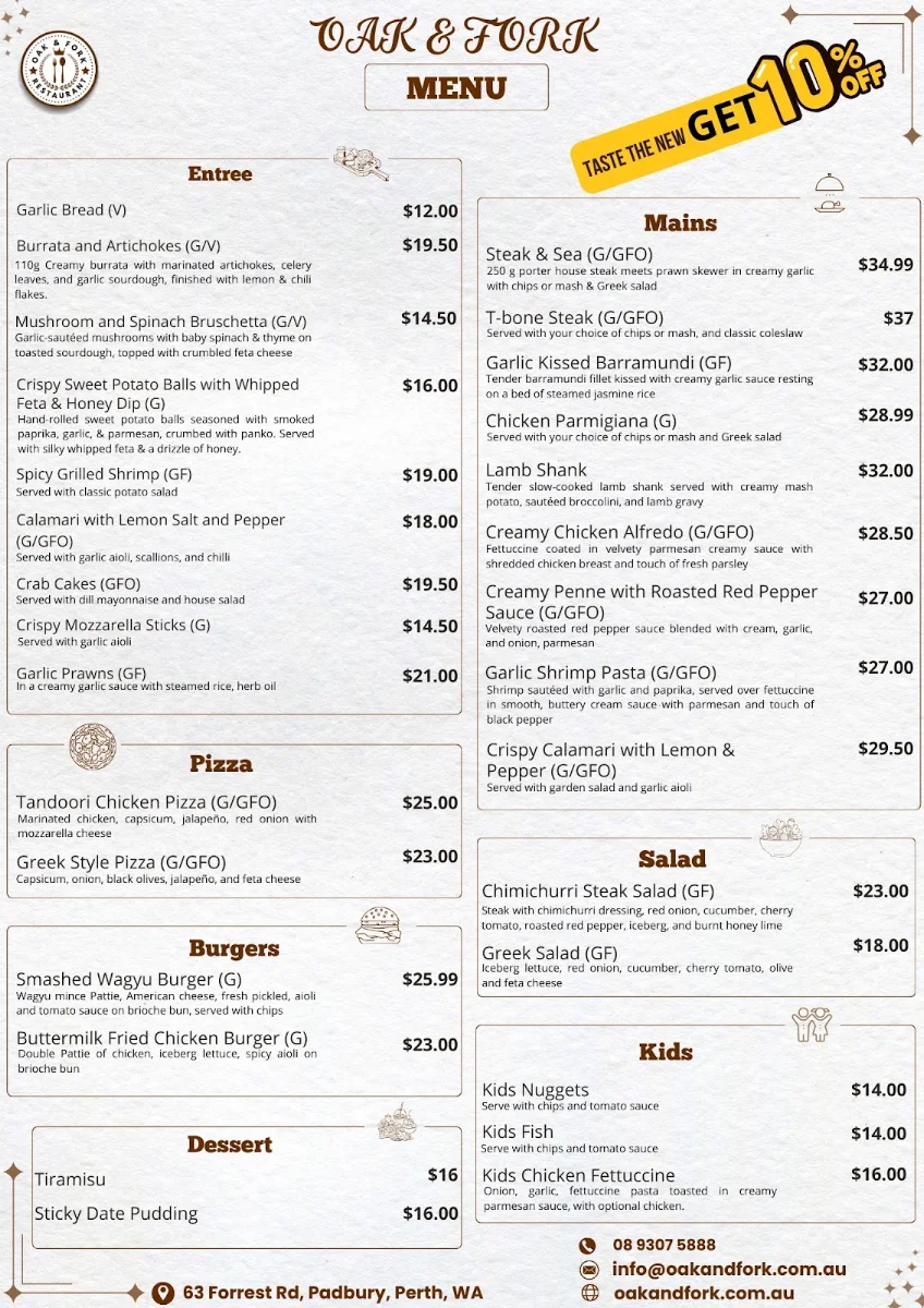 Menu, Oak & Fork