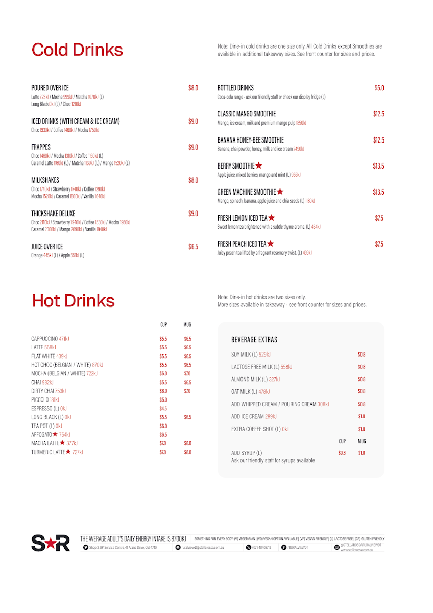 Menu, Stellarossa Rural View (Drive Thru Cafe)