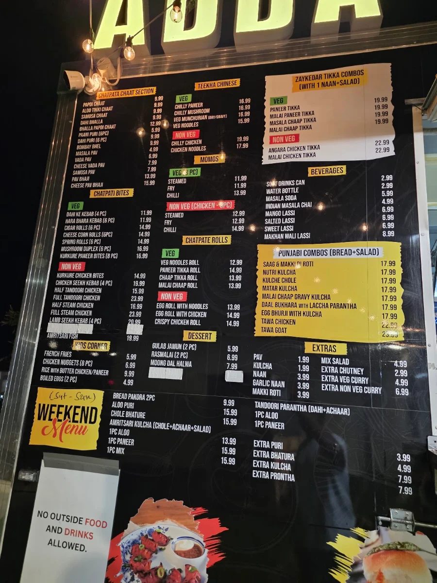 Menu, Social adda food truck