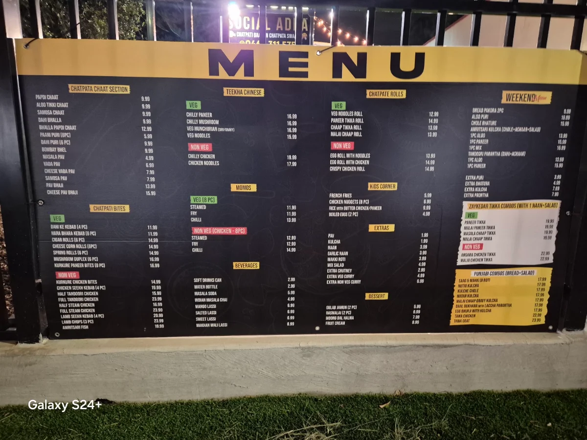 Menu, Social adda food truck