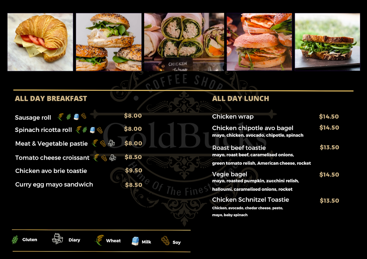 Menu, Goldbucks Coffee