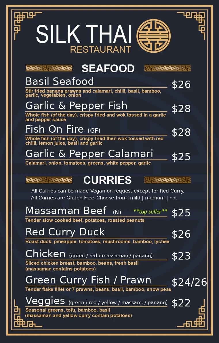 Menu, Silk Thai Restaurant