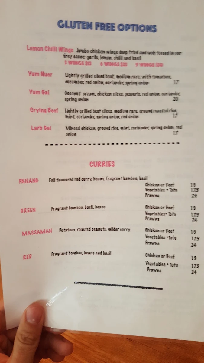 Menu, Silk Thai Restaurant