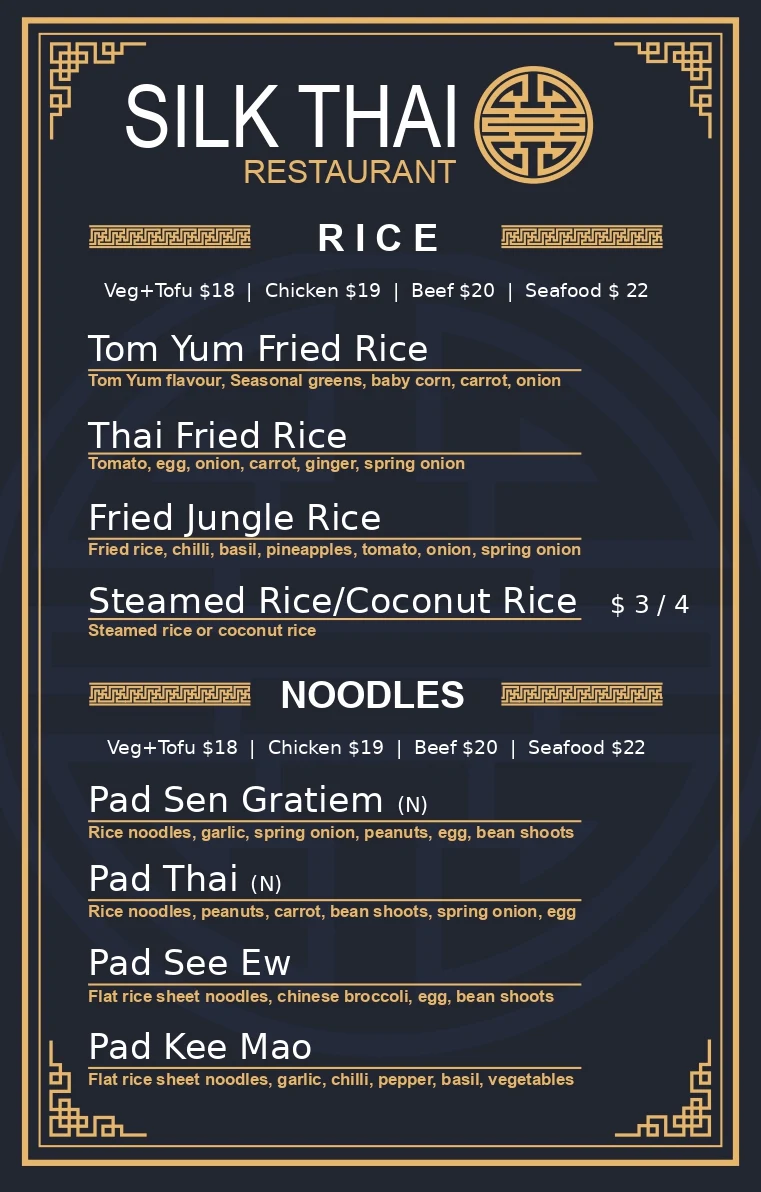 Menu, Silk Thai Restaurant