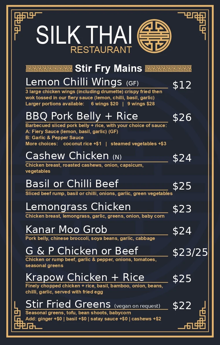 Menu, Silk Thai Restaurant