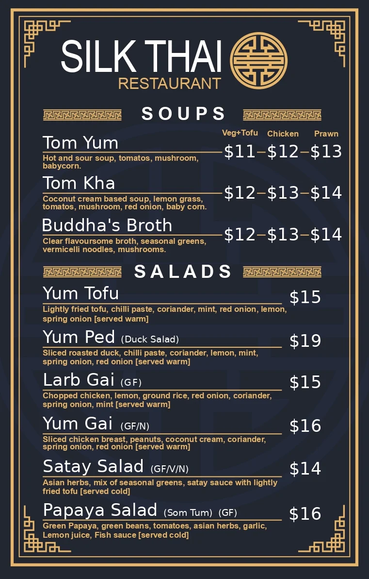 Menu, Silk Thai Restaurant