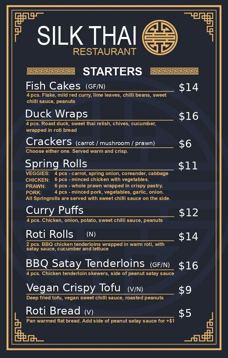 Menu, Silk Thai Restaurant
