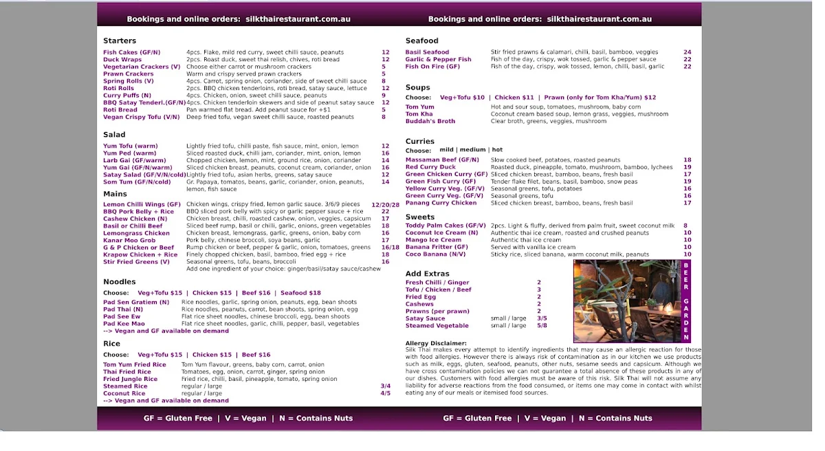 Menu, Silk Thai Restaurant