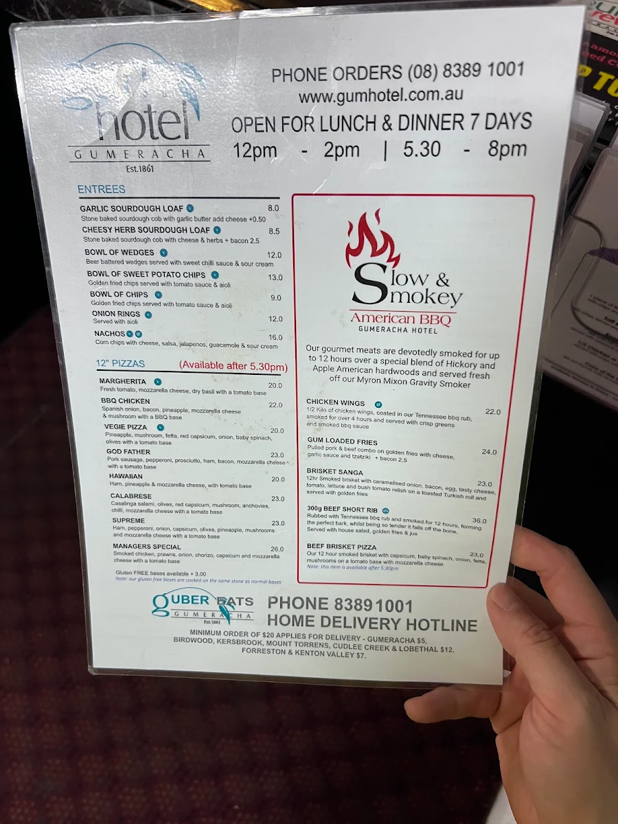 Menu, Gumeracha Hotel