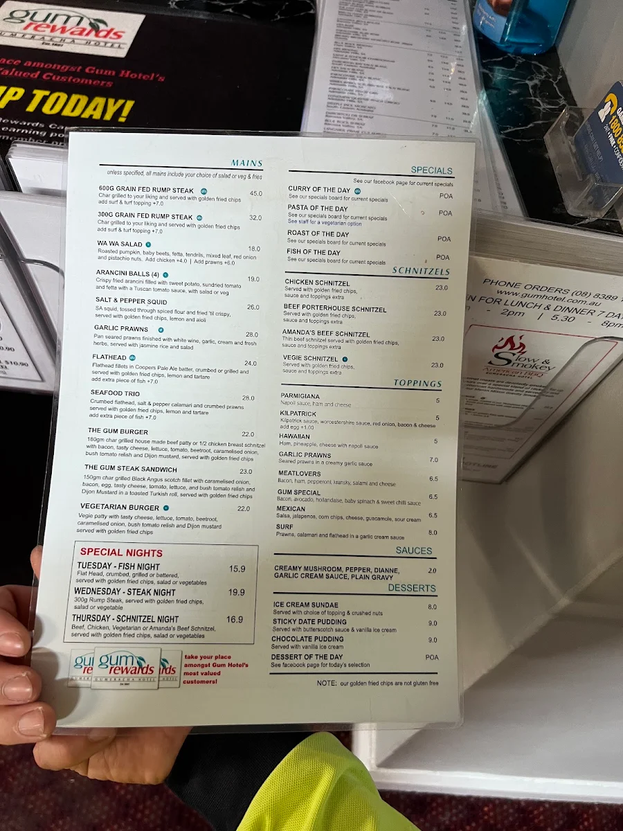 Menu, Gumeracha Hotel