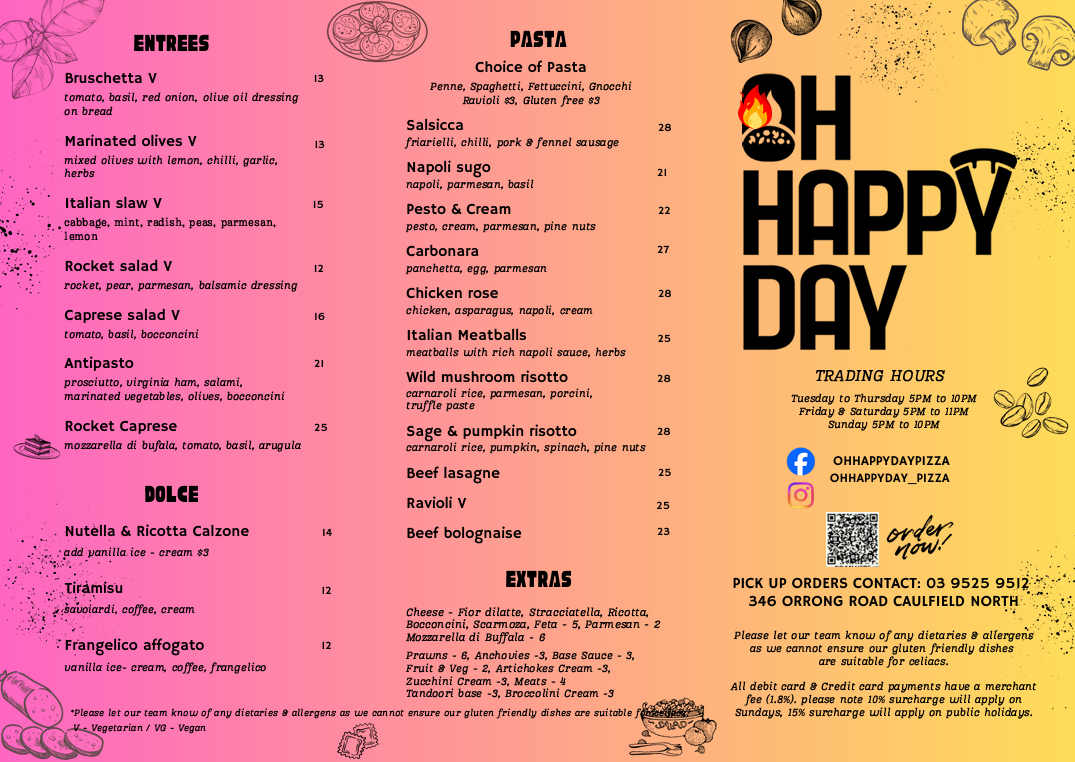 Menu, Oh Happy Day Pizza & Wine