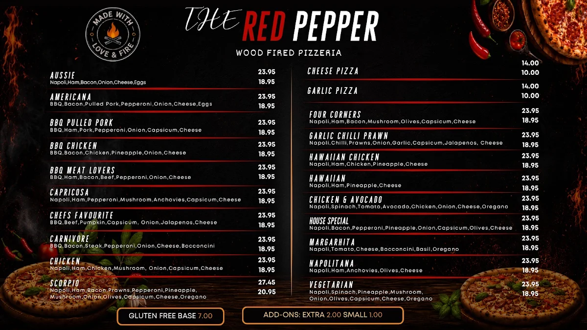 Menu, The Red Pepper Wood Fired Pizzeria