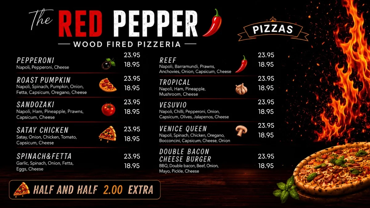 Menu, The Red Pepper Wood Fired Pizzeria
