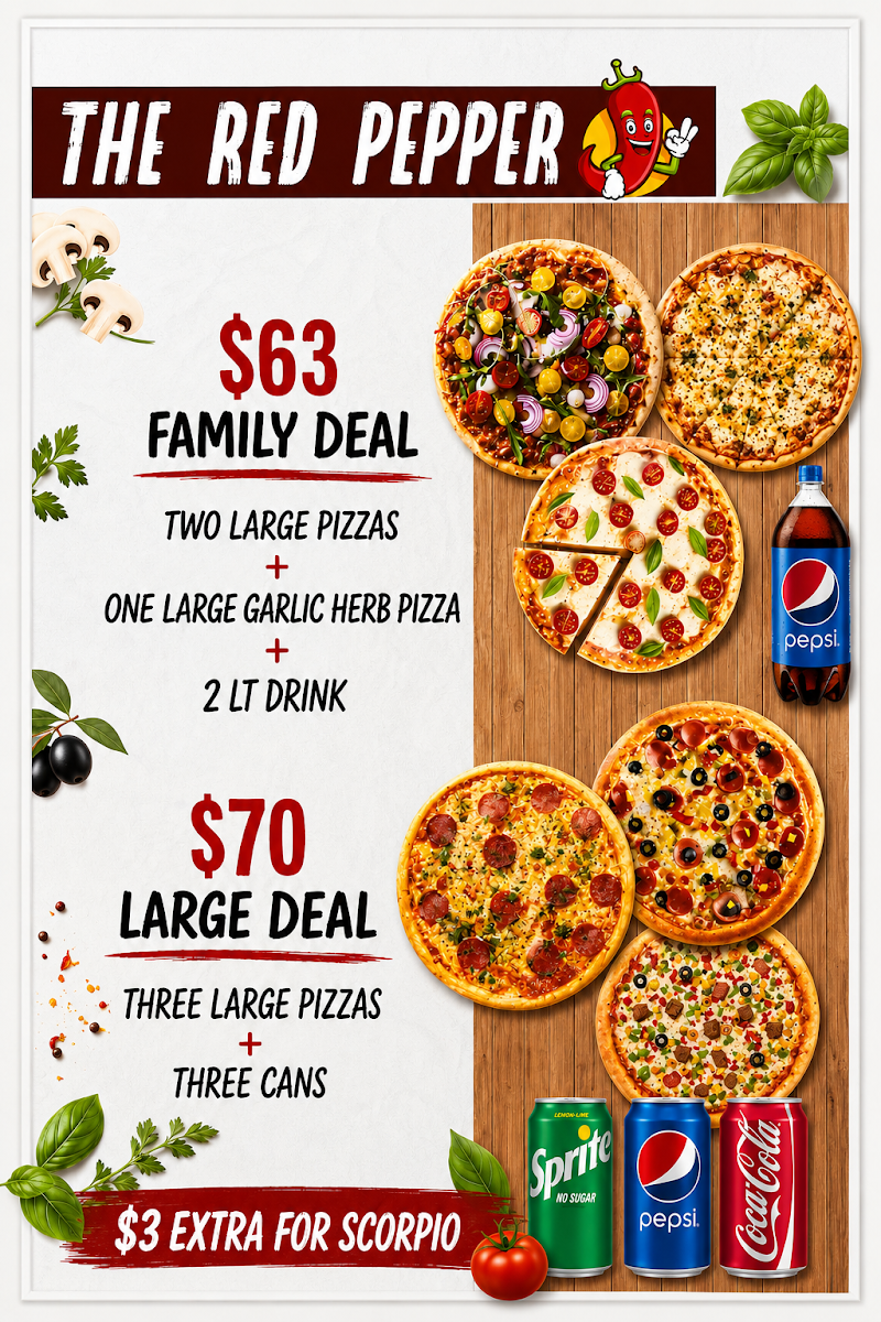 Menu, The Red Pepper Wood Fired Pizzeria