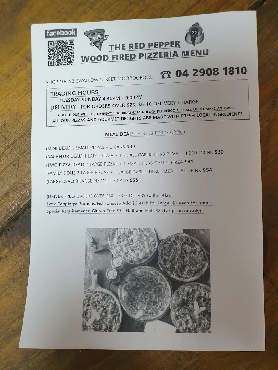 Menu, The Red Pepper Wood Fired Pizzeria