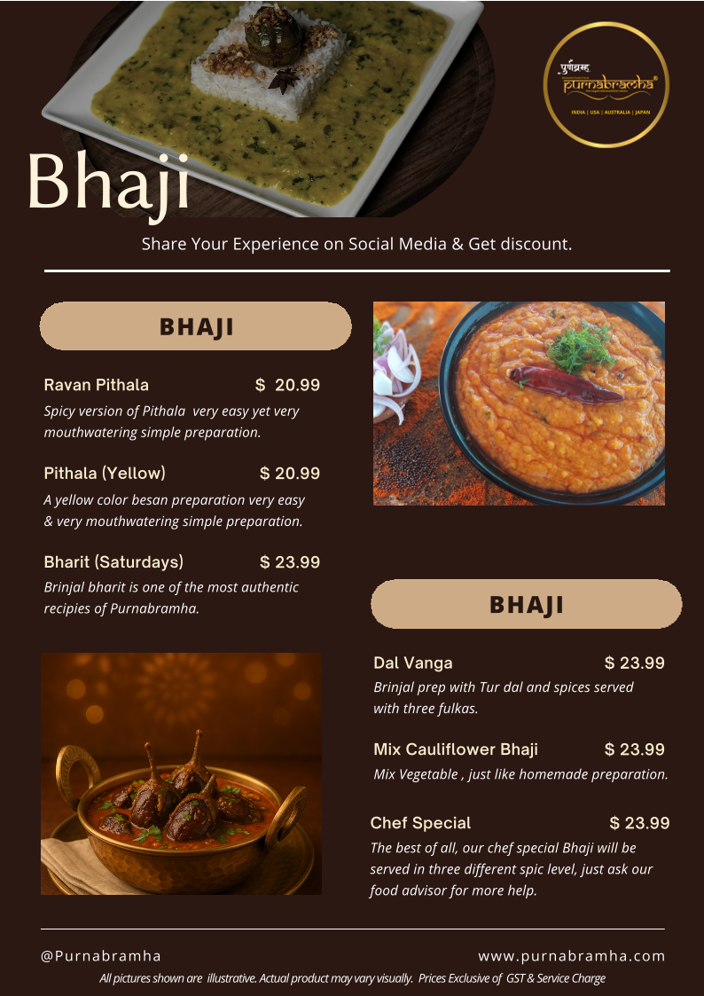 Menu, Purnabramha Maharashtrian Restaurant Perth
