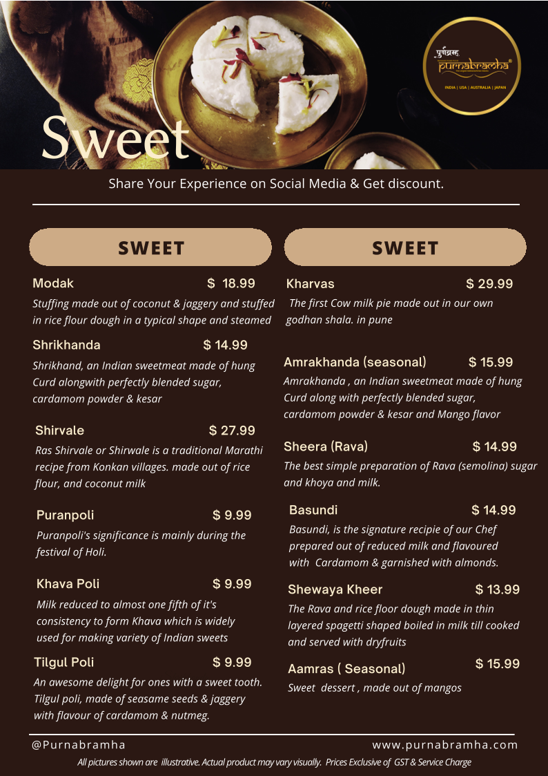 Menu, Purnabramha Maharashtrian Restaurant Perth