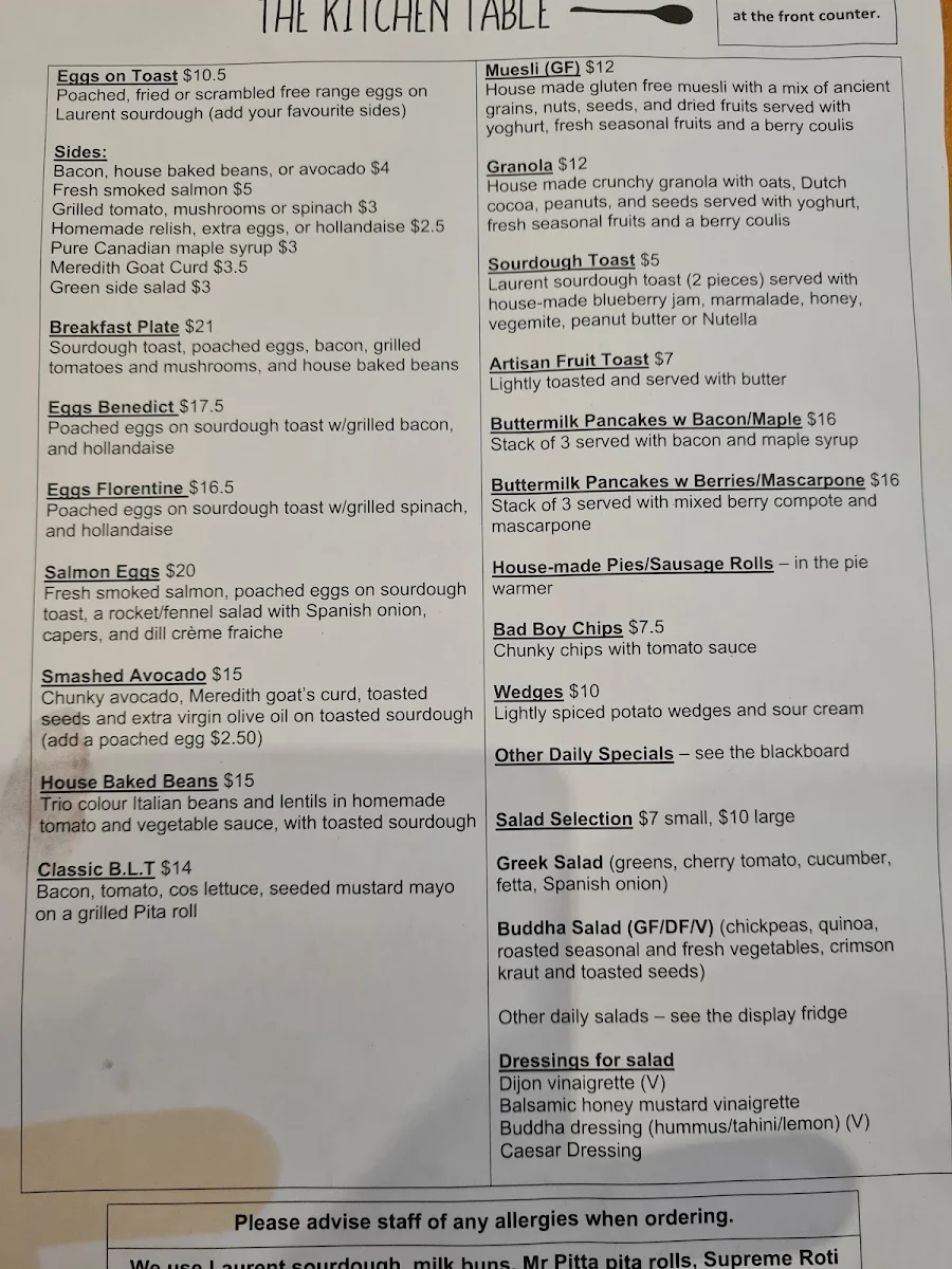 Menu, The Kitchen Table