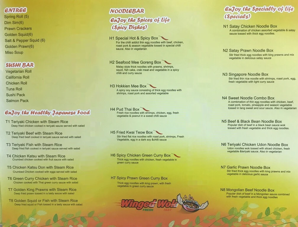 Menu, Winged Wok