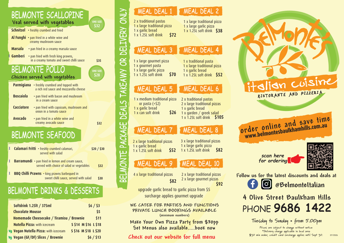 Menu, Belmonte Italian Cuisine