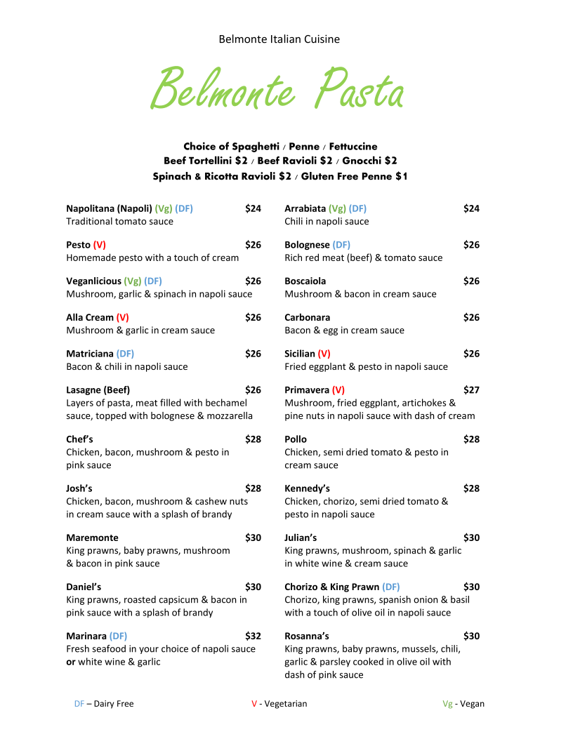 Menu, Belmonte Italian Cuisine