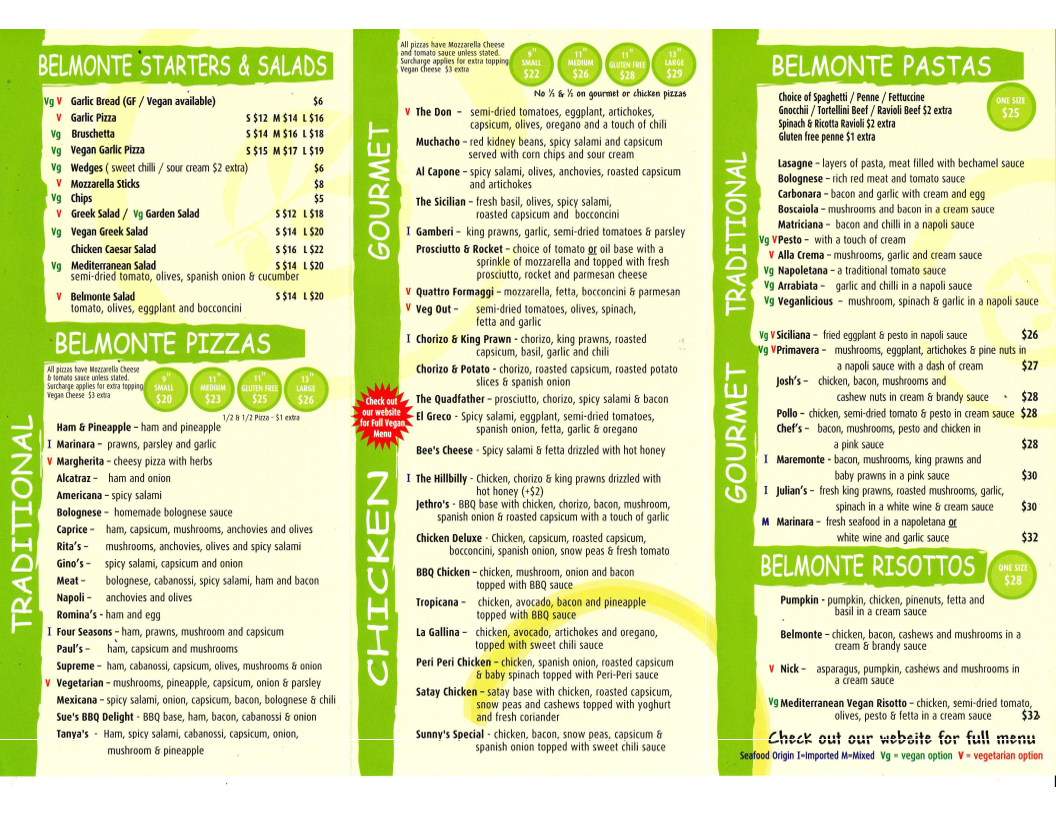 Menu, Belmonte Italian Cuisine