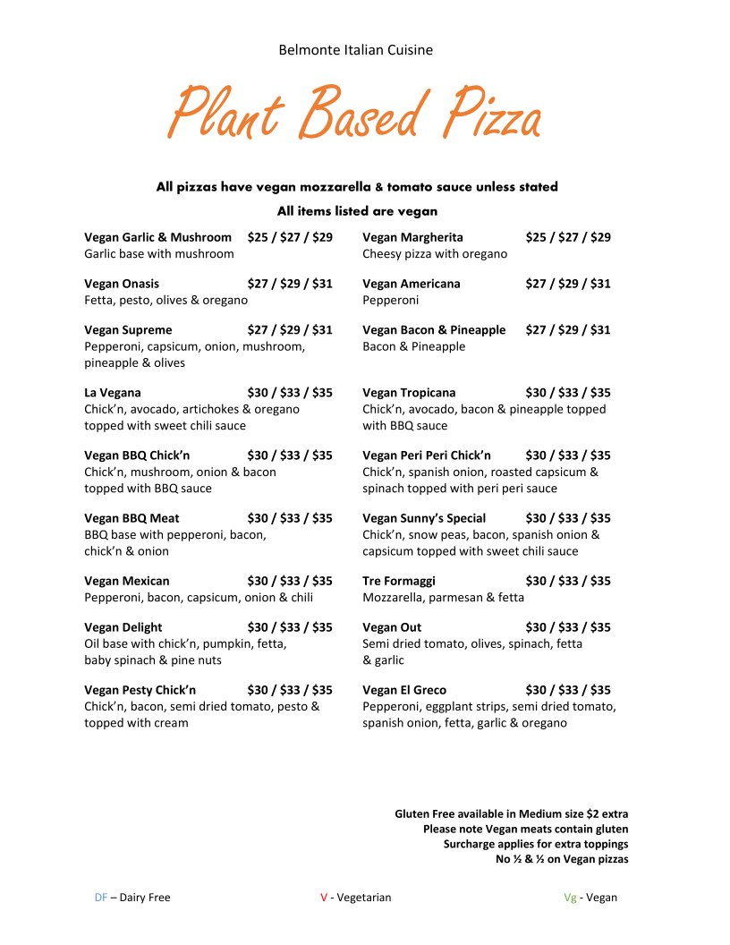 Menu, Belmonte Italian Cuisine