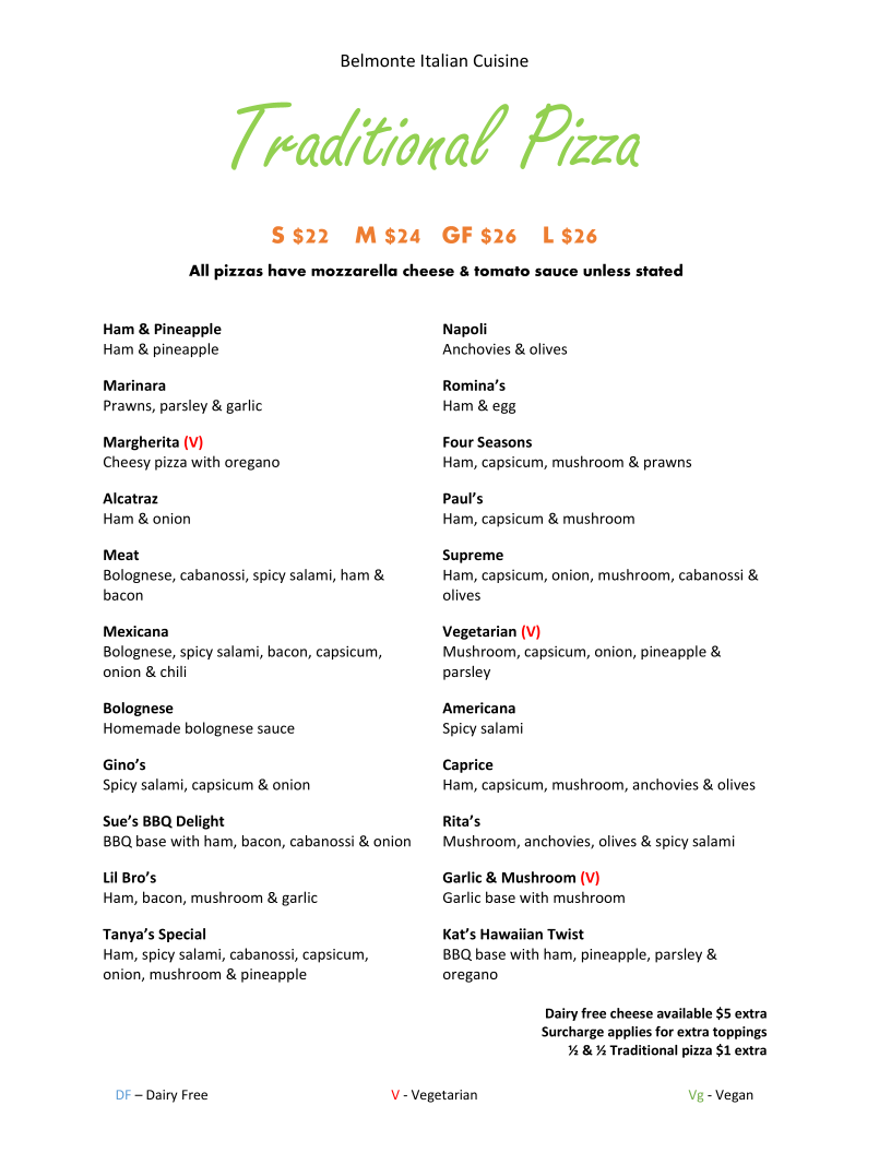 Menu, Belmonte Italian Cuisine