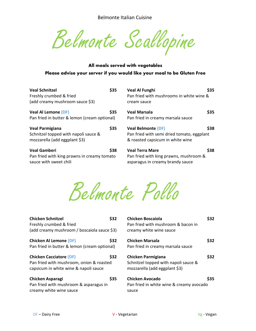 Menu, Belmonte Italian Cuisine