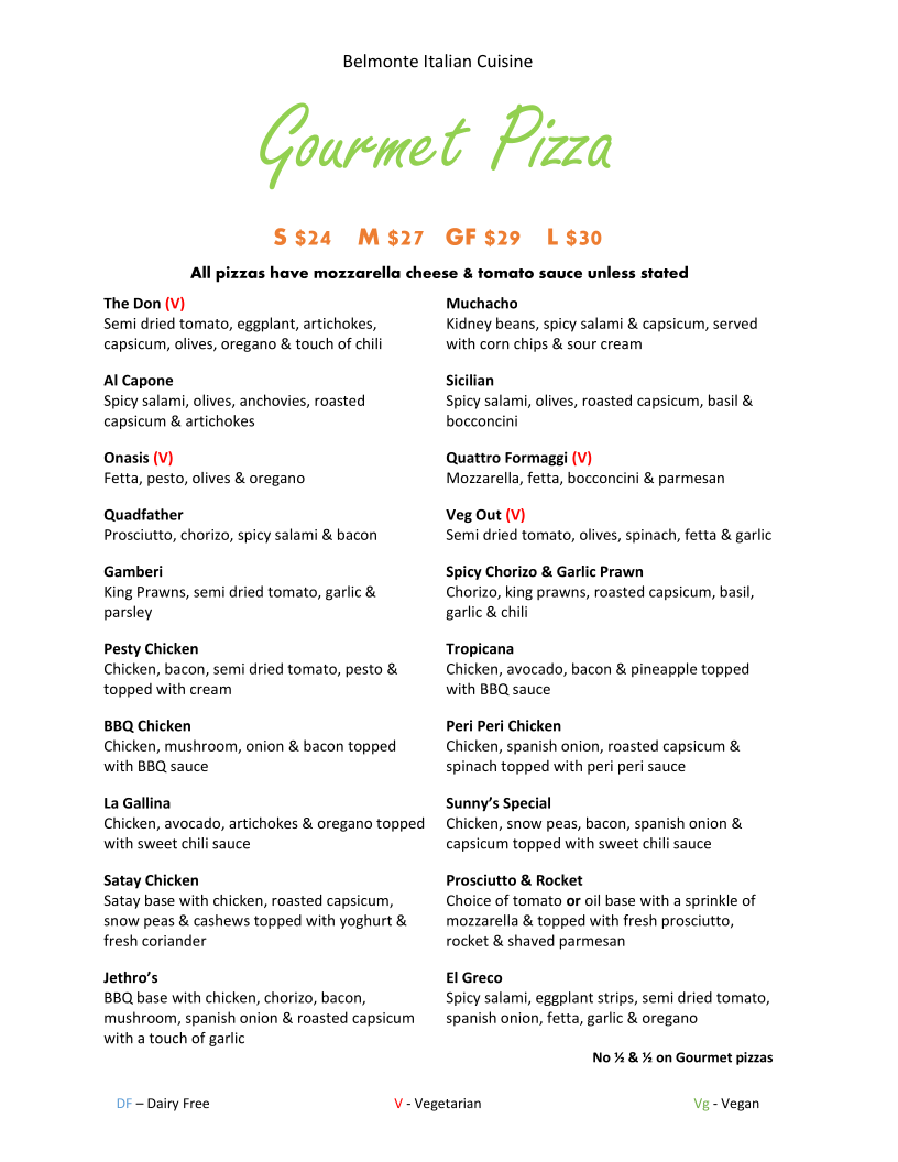 Menu, Belmonte Italian Cuisine