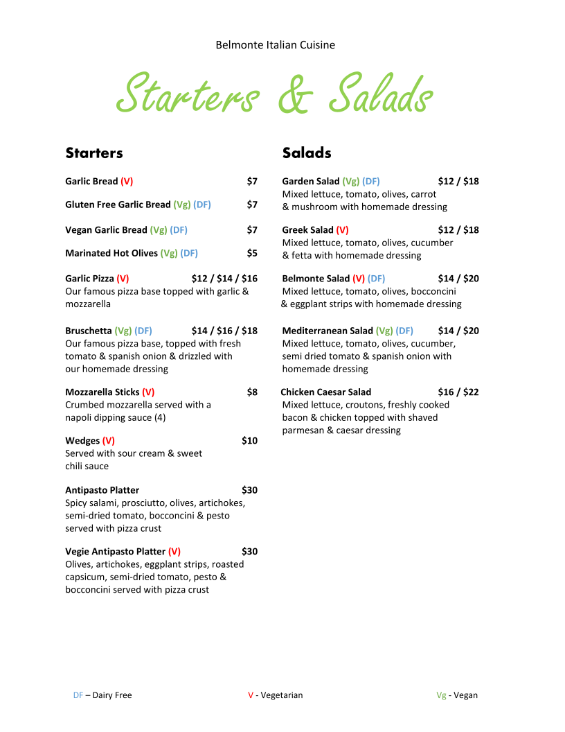 Menu, Belmonte Italian Cuisine